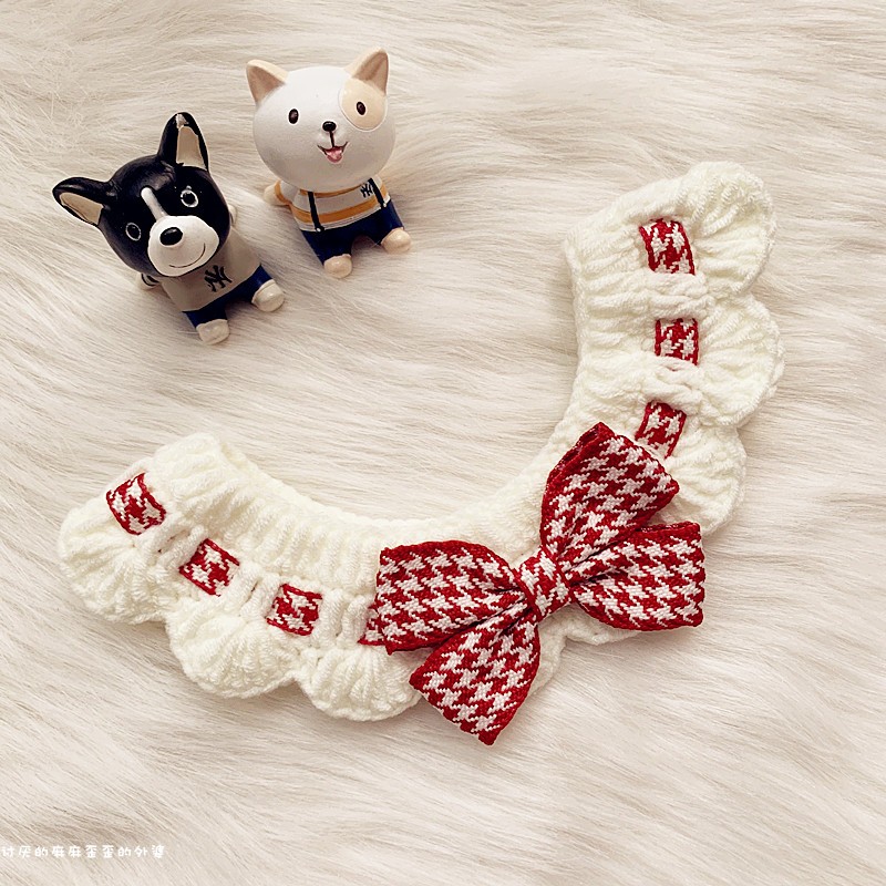 犬服 千鳥格子リボン付きフリル襟小型犬用