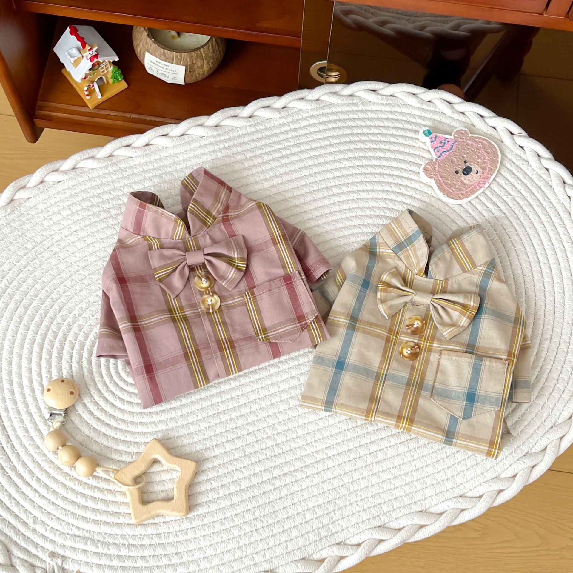 犬服 上品チェック柄リボン付き半袖犬服