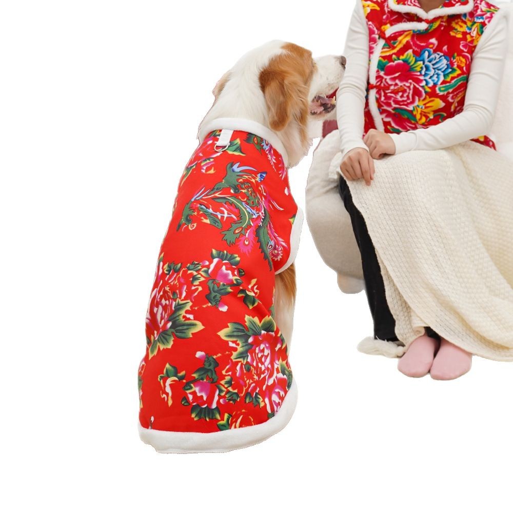 犬服 龍と牡丹刺繍の中華風裏起毛トレーナー