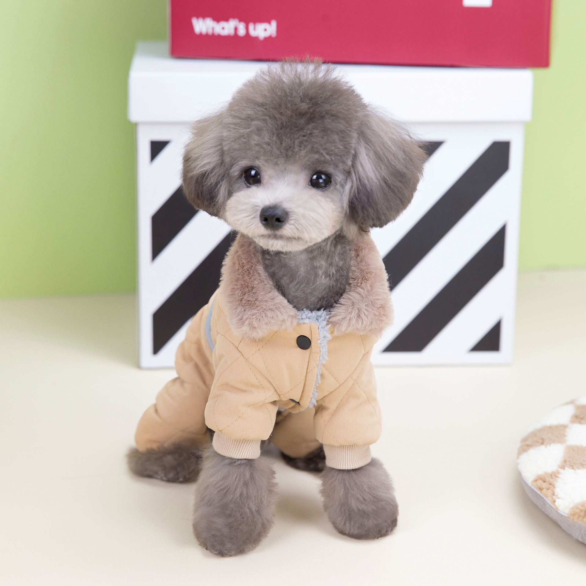 犬服 襟ファー付きキルティング四足ダウンベスト