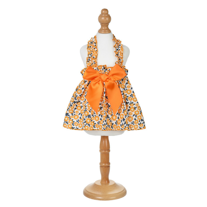 犬服 小花柄フリルホルターネック大きなリボンドレス