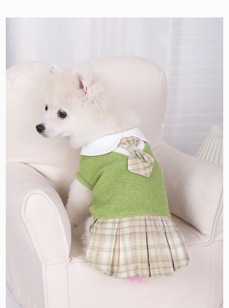 犬服 上品襟付きニットワンピース格子柄スカート