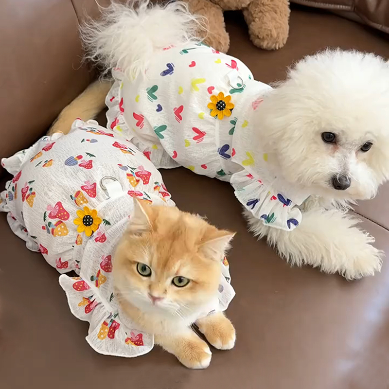 犬服 ハートとひまわりのフリルワンピース