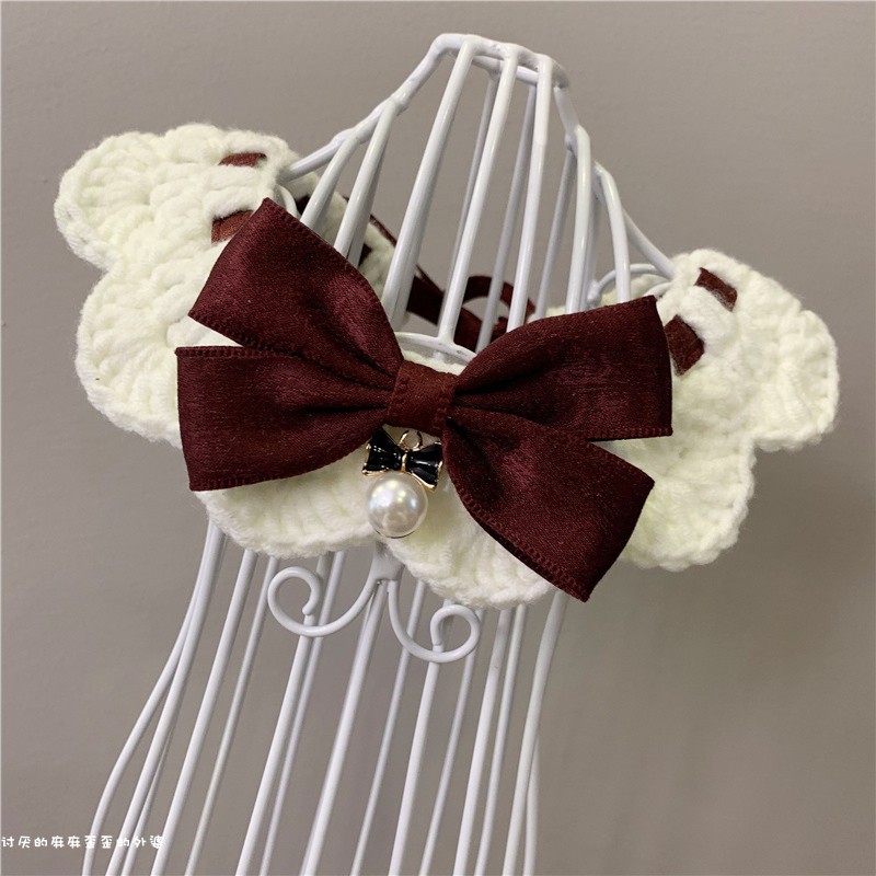 犬服 ふわふわ襟付きリボンと真珠のネックレス風飾り