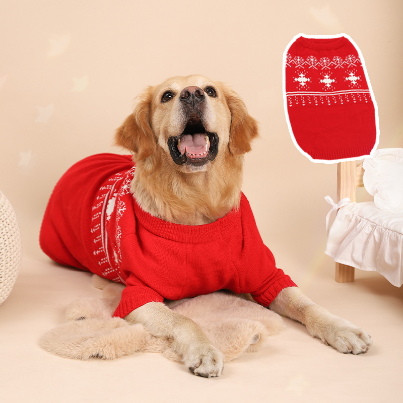 犬服 雪柄編み込み冬季暖房大型犬用ニットセーター
