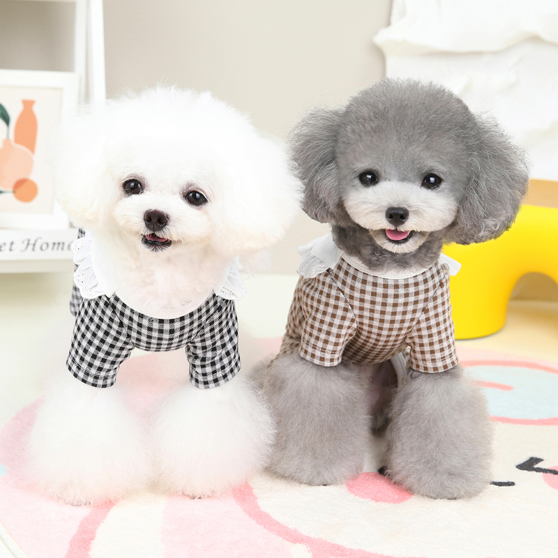 犬服 格子柄レース襟付きおやすみウェア