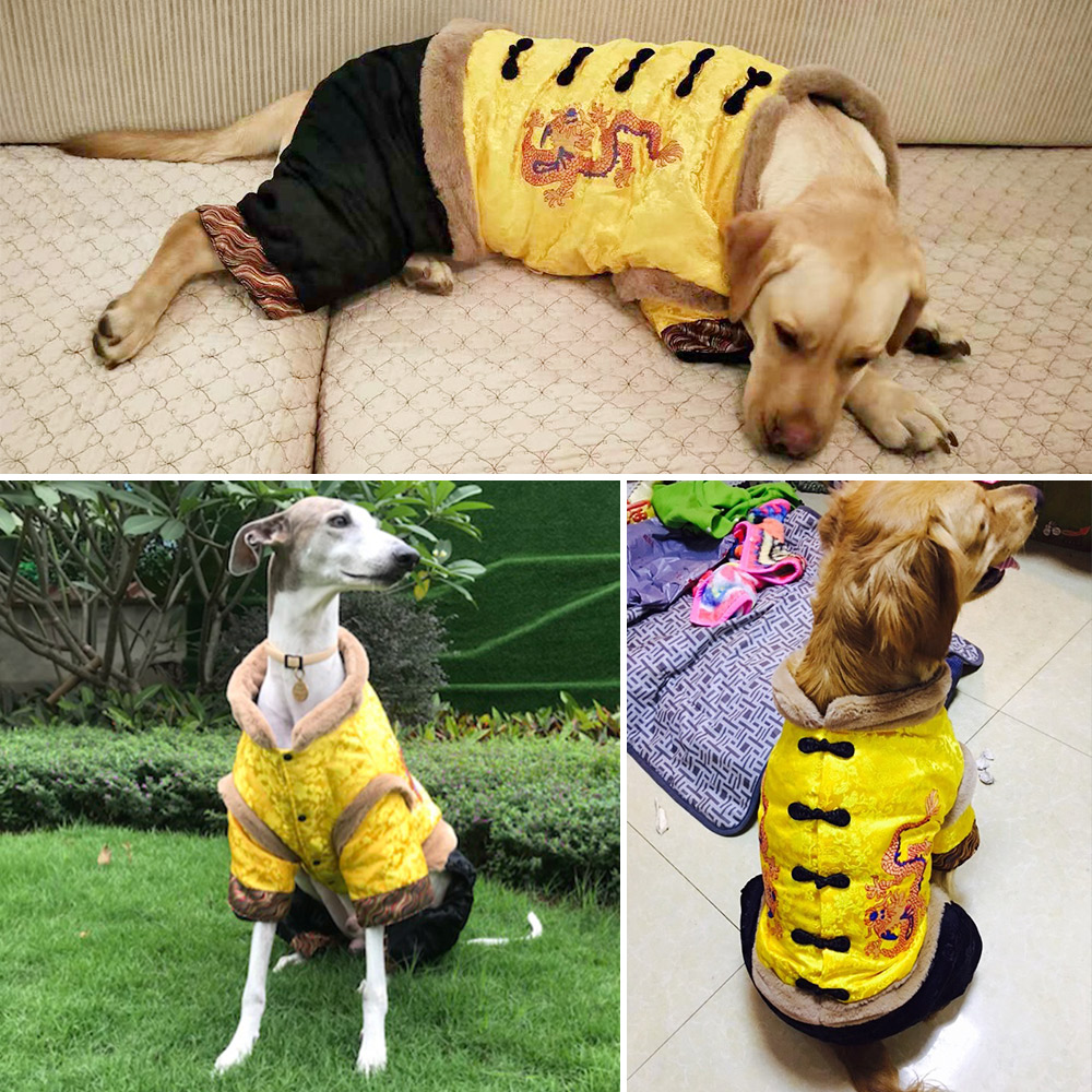 犬服 刺繍龍柄入り中華風キルティング四脚アウター