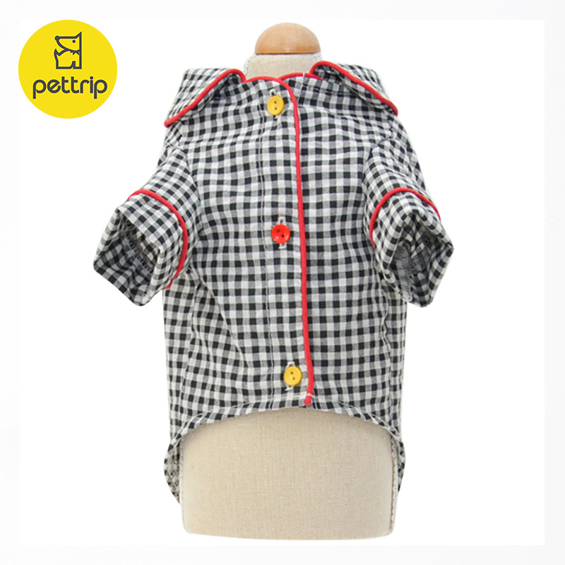 犬服 爽やかギンガムチェック柄襟付き犬用パジャマ