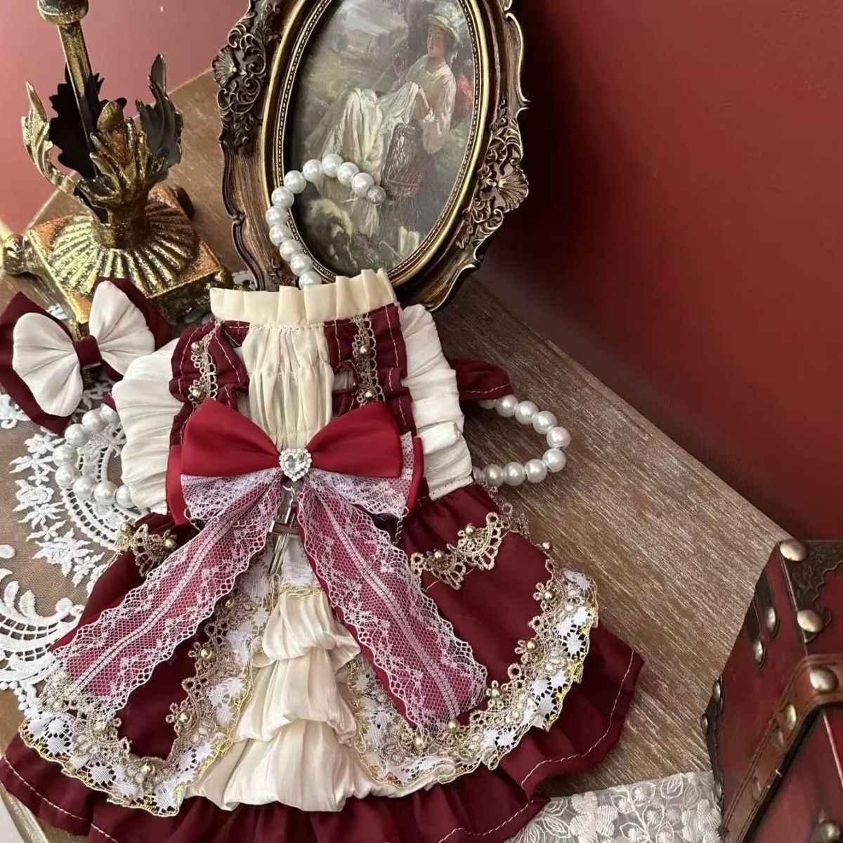 犬服 宝石リボン付き姫様風多段フリル犬用ドレス