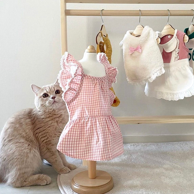 犬服 格子柄フリルレース付きワンピース