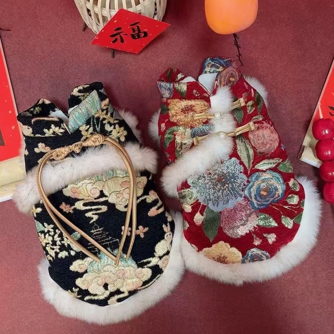 犬服 華やか花柄刺繍入り和風着物風ドレス