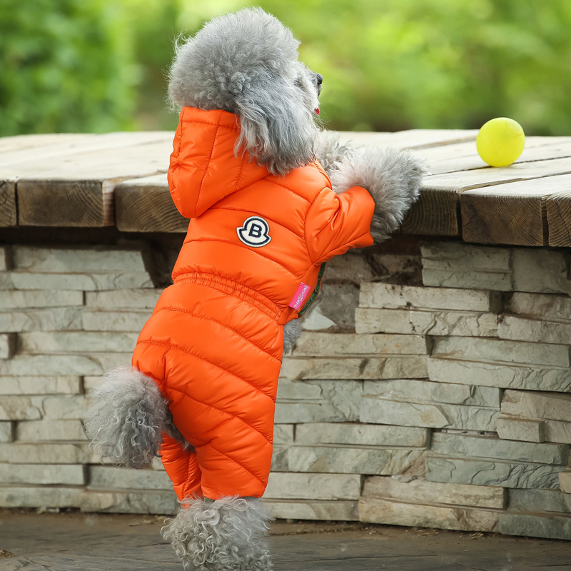犬服 ファー付きフード四つ足つなぎダウンジャケット