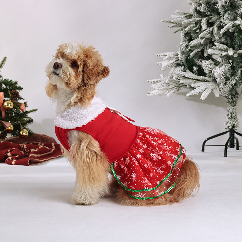 犬服 雪の結晶柄クリスマスフリルドレス