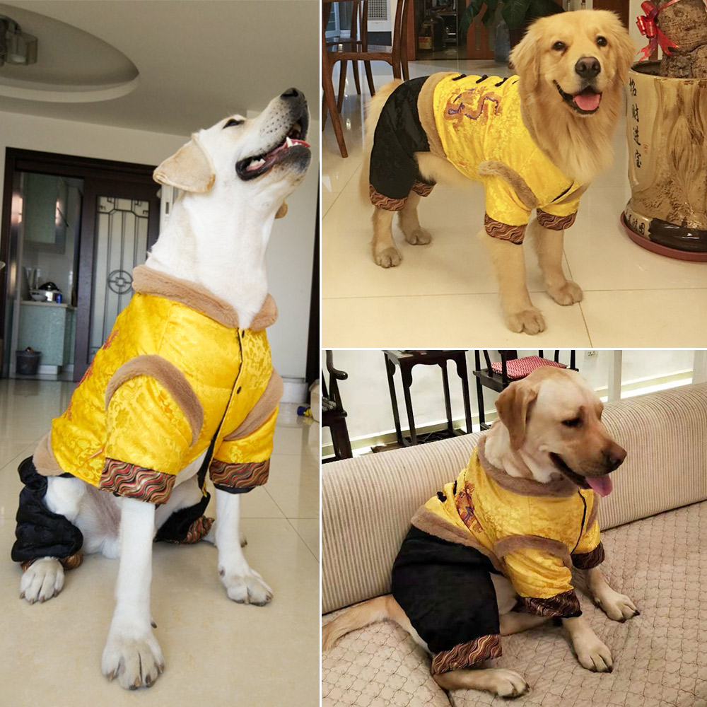 犬服 刺繍龍柄入り中華風キルティング四脚アウター