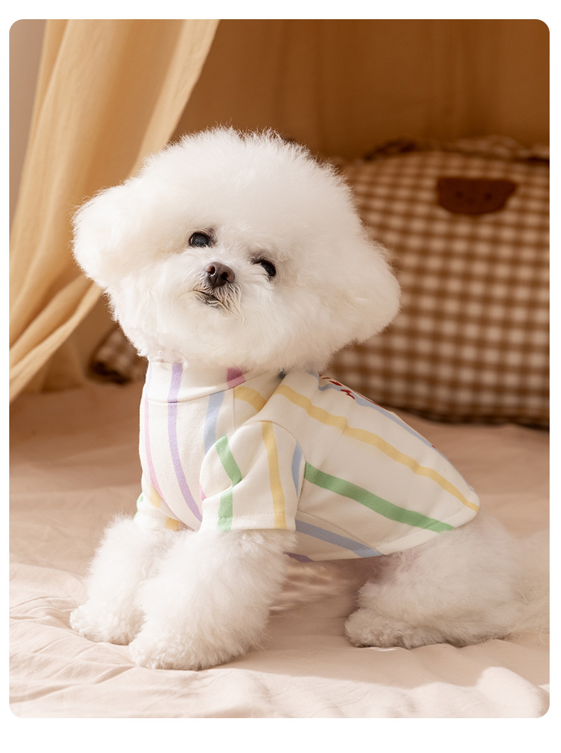 犬服 虹色ストライプ柄子犬プリント裏毛トレーナー