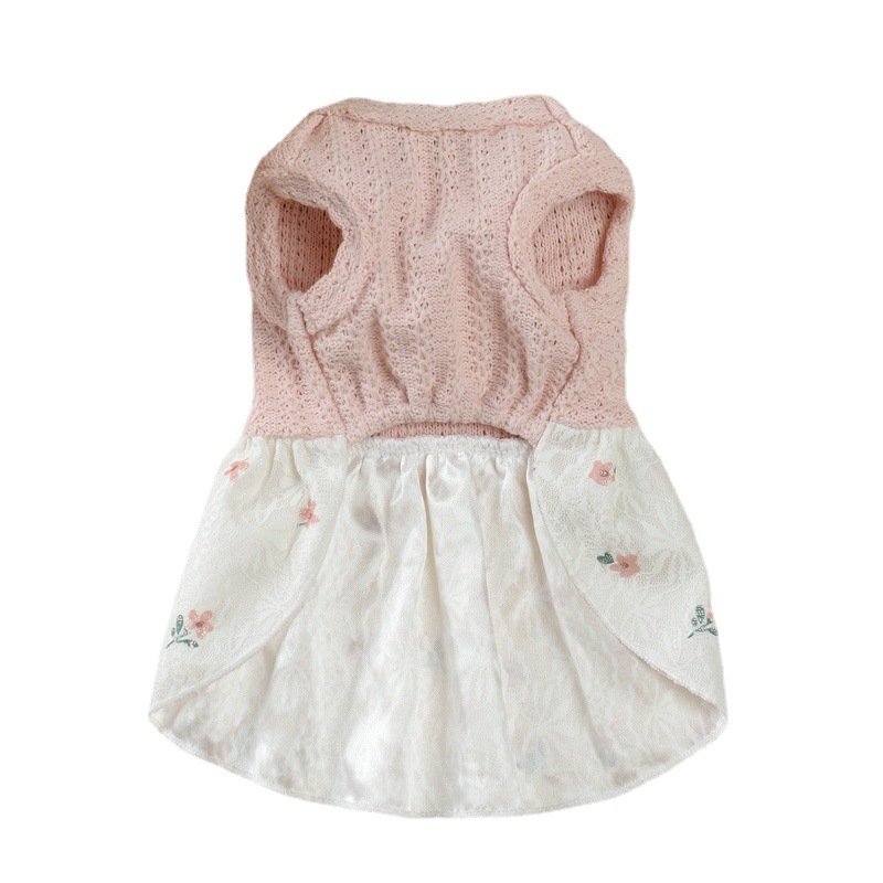 犬服 花柄刺繍スカート付きリボン装飾ニットワンピース