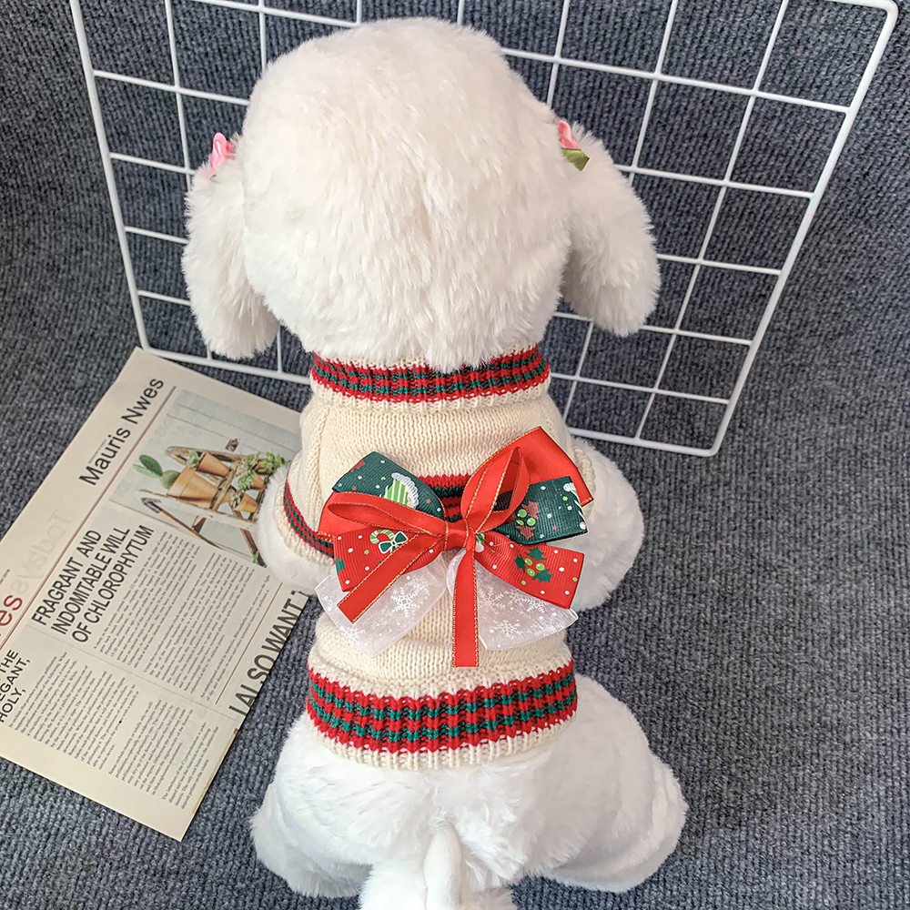 犬服 聖夜の大きなリボン飾り付きニットセーター