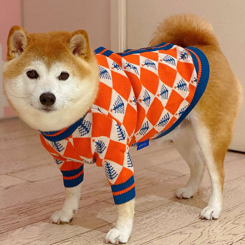 犬服 冬色菱形柄ニットセーター