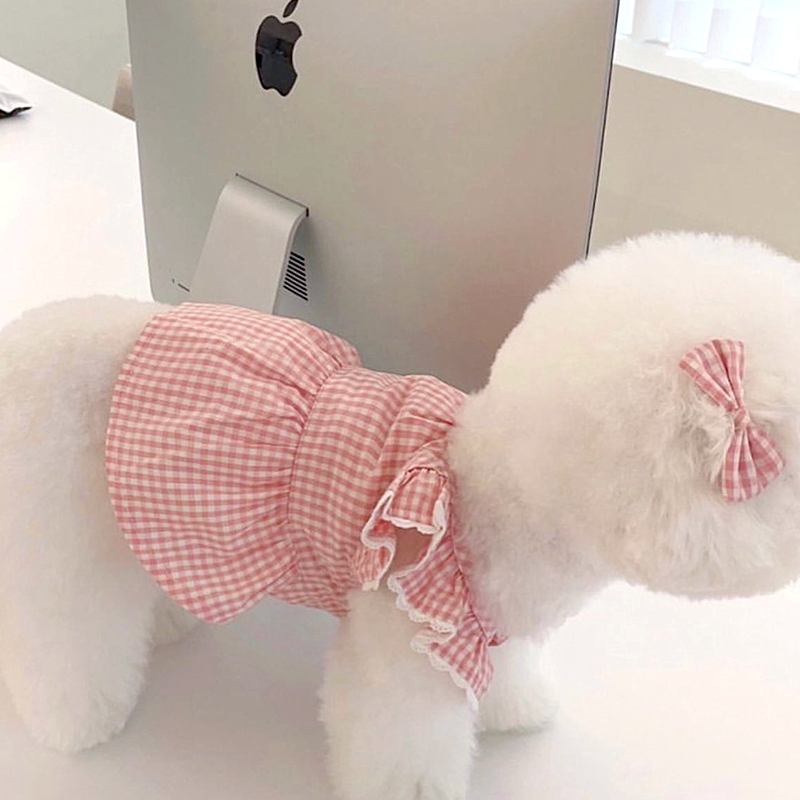 犬服 格子柄フリルレース付きワンピース