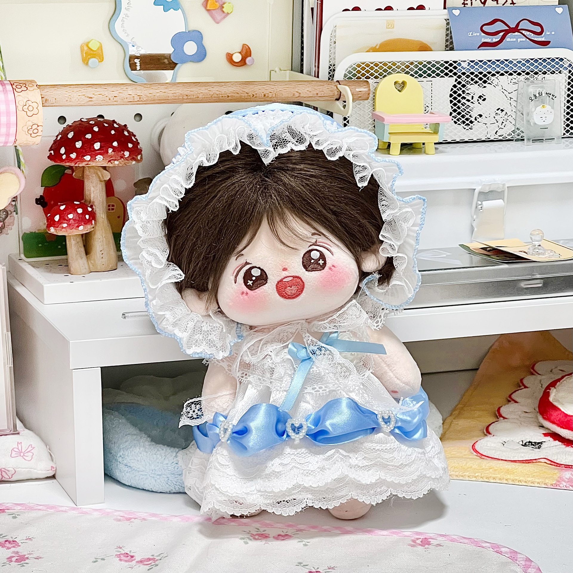 【20cm】ぬいぐるみ服 お姫様風レースフリルドレスとボンネット帽セット