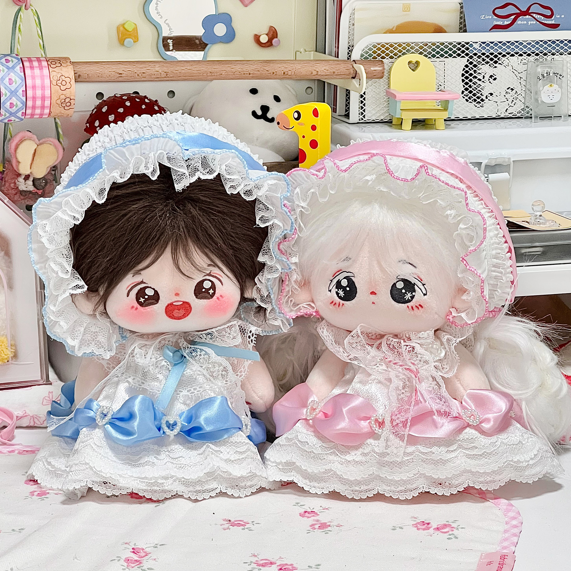 【20cm】ぬいぐるみ服 お姫様風レースフリルドレスとボンネット帽セット