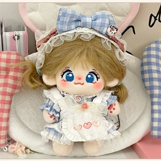【10cm】ぬいぐるみ服 青色ギンガムメイドワンピース