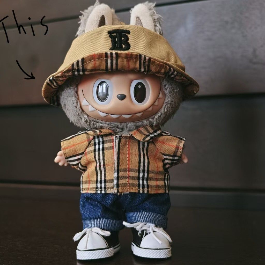 ぬいぐるみ服 チェック柄シャツとデニムショートパンツ帽子セット