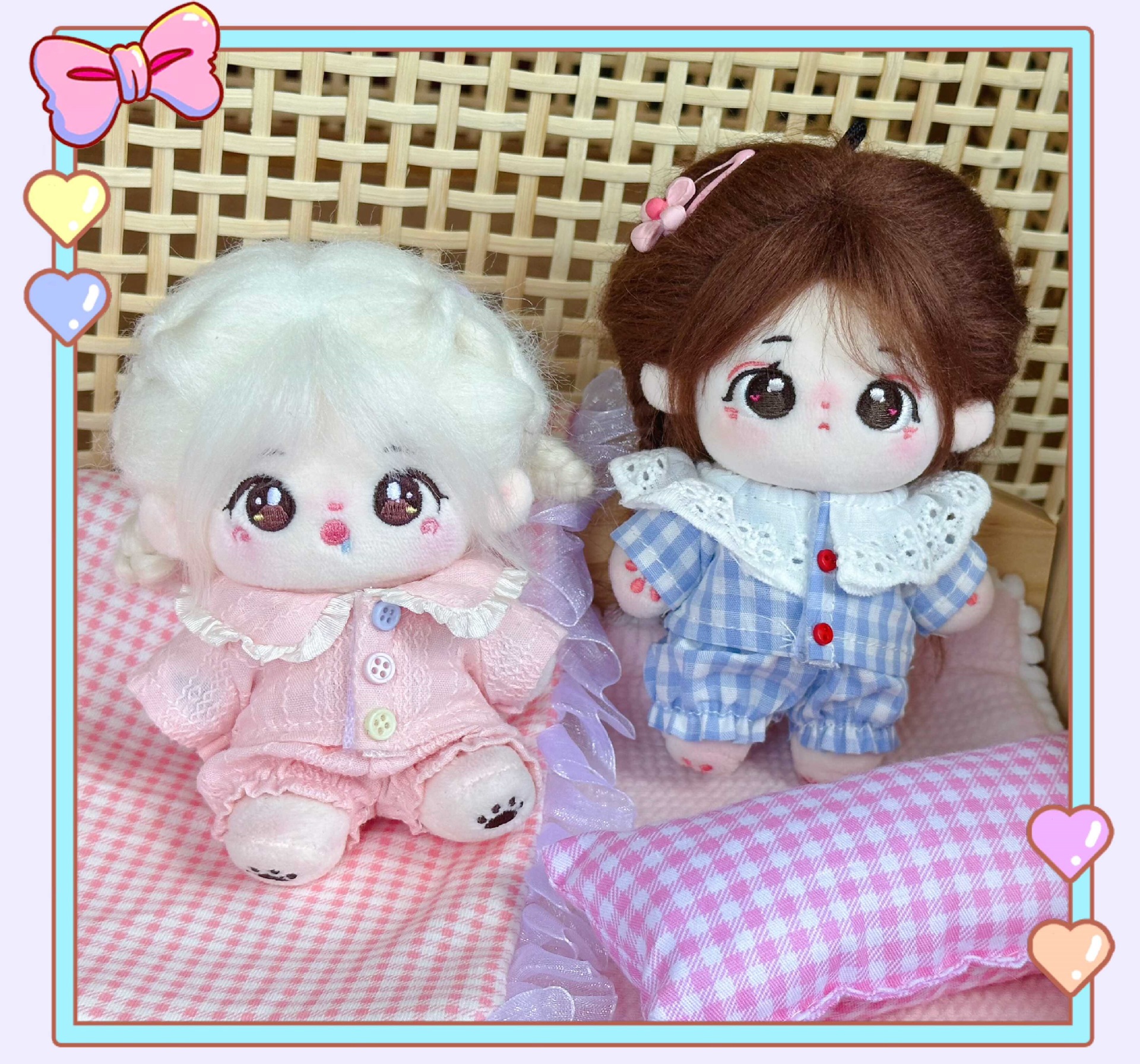 【10cm】ぬいぐるみ服 ほんわか丸襟パジャマ　ピンク・ブルー