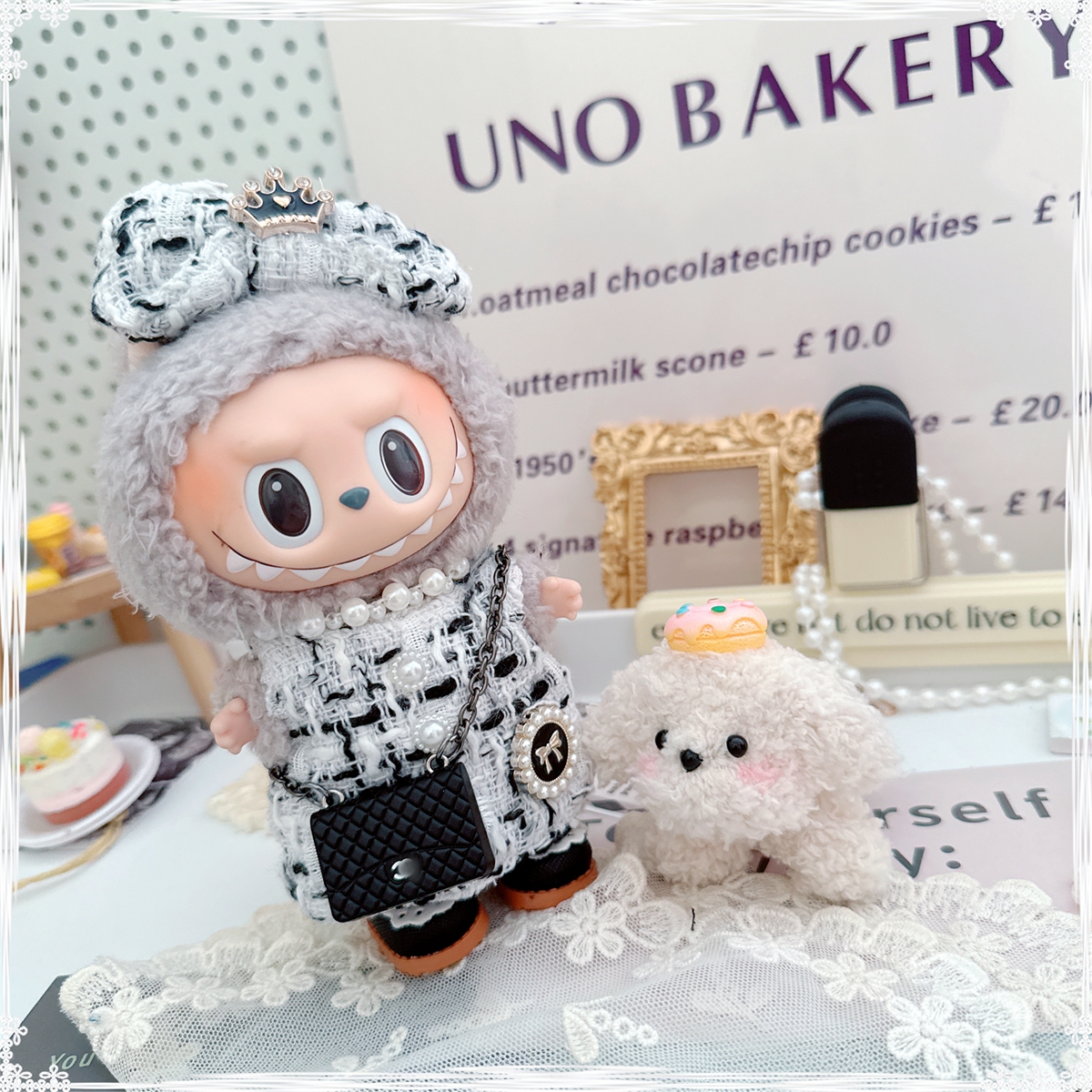 【15cm】ぬいぐるみ服 リボン付きツイードワンピース