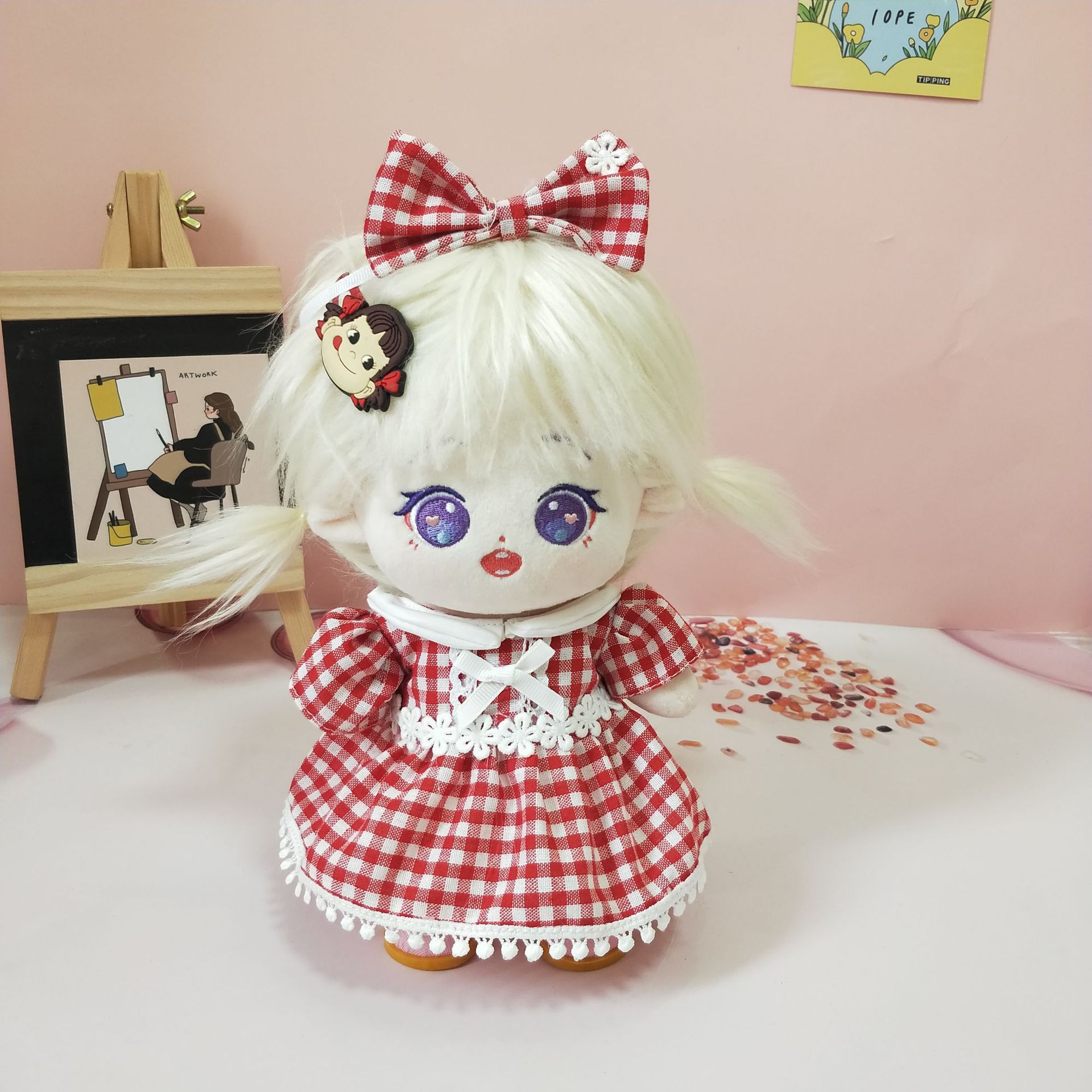 【20cm】ぬいぐるみ服　赤色チェック＆花柄ワンピース
