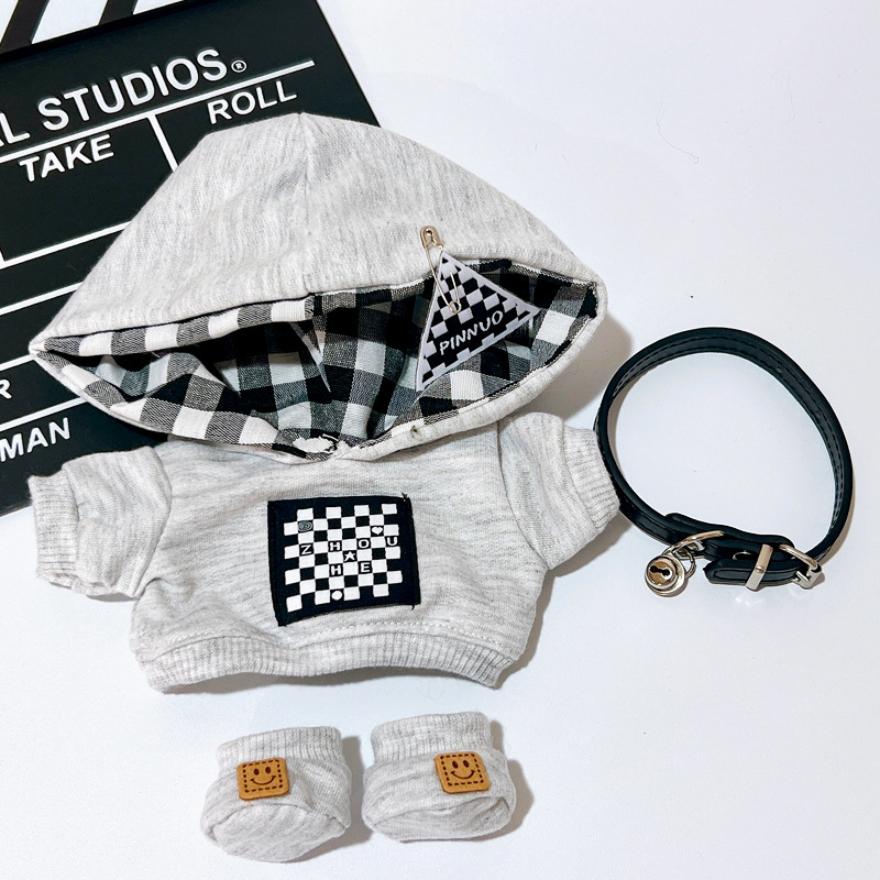 【20cm】ぬいぐるみ服 チェック柄ストリートフードパーカー