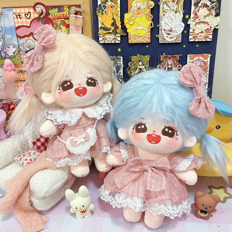 【20cm】ぬいぐるみ服 ピンクチェックフリルワンピース