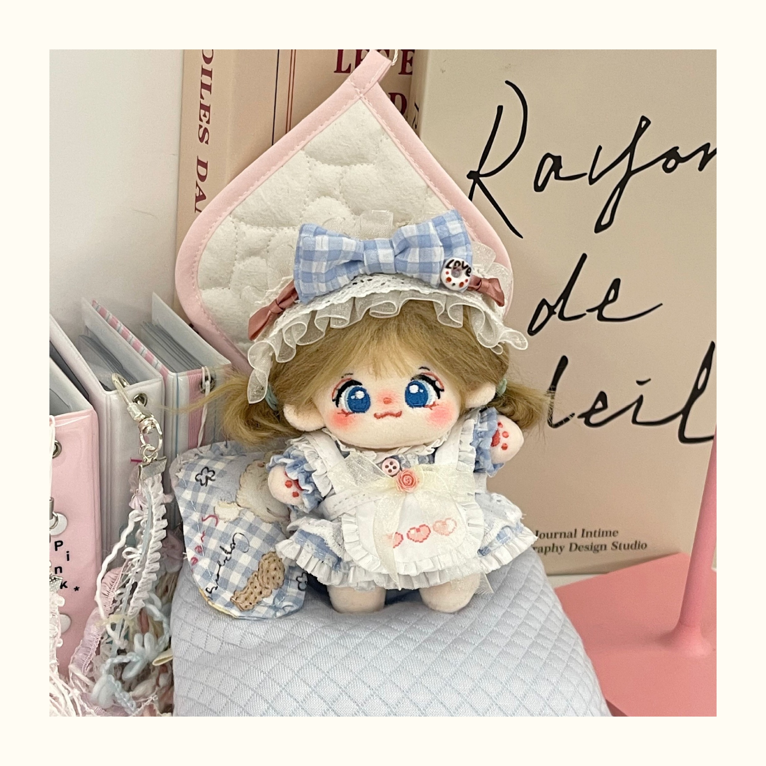 【10cm】ぬいぐるみ服 青色ギンガムメイドワンピース