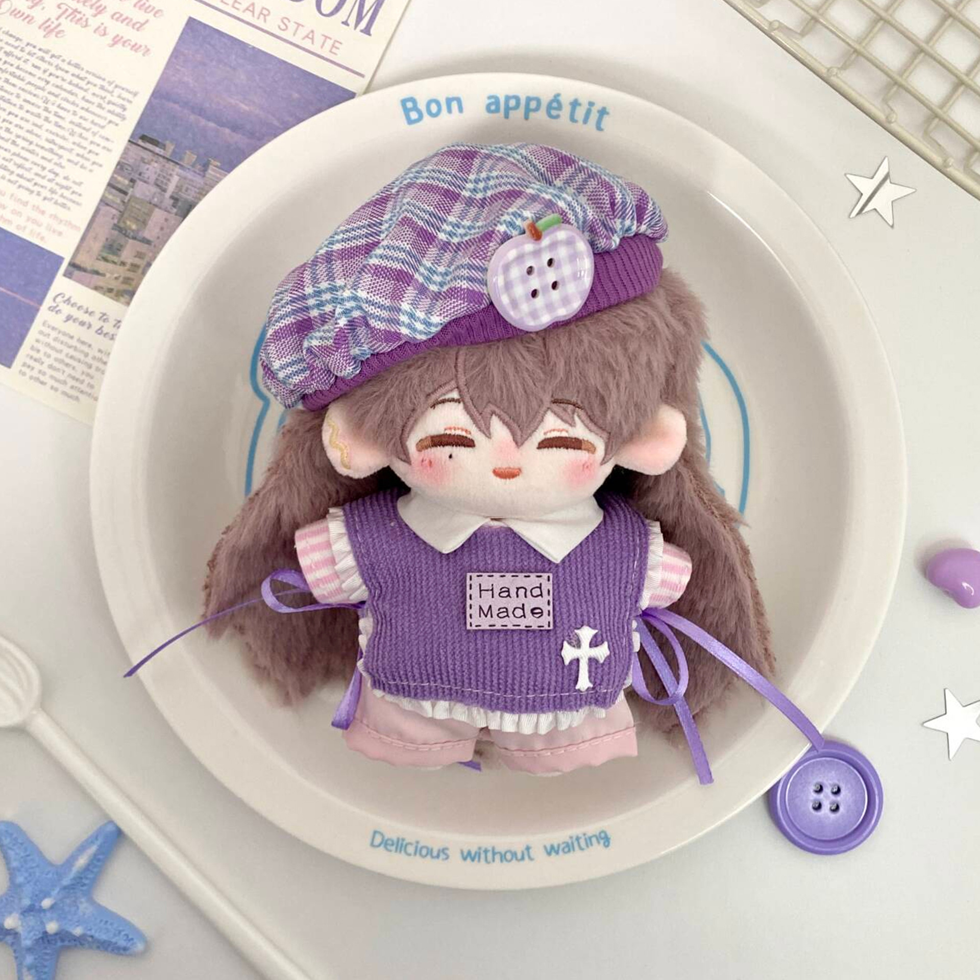 【10cm】ぬいぐるみ服　ベレー帽付きパープルニットコーデ