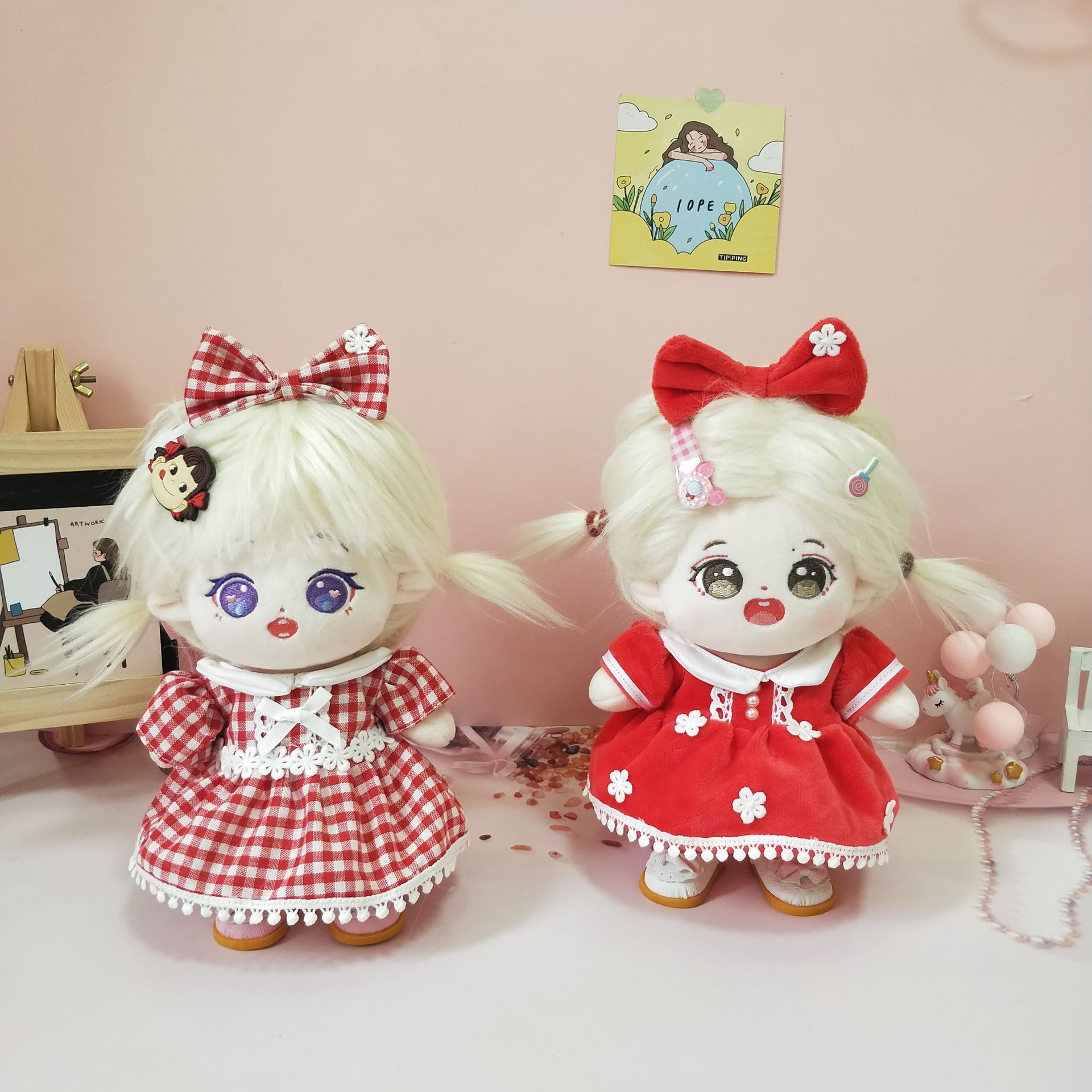 【20cm】ぬいぐるみ服　赤色チェック＆花柄ワンピース