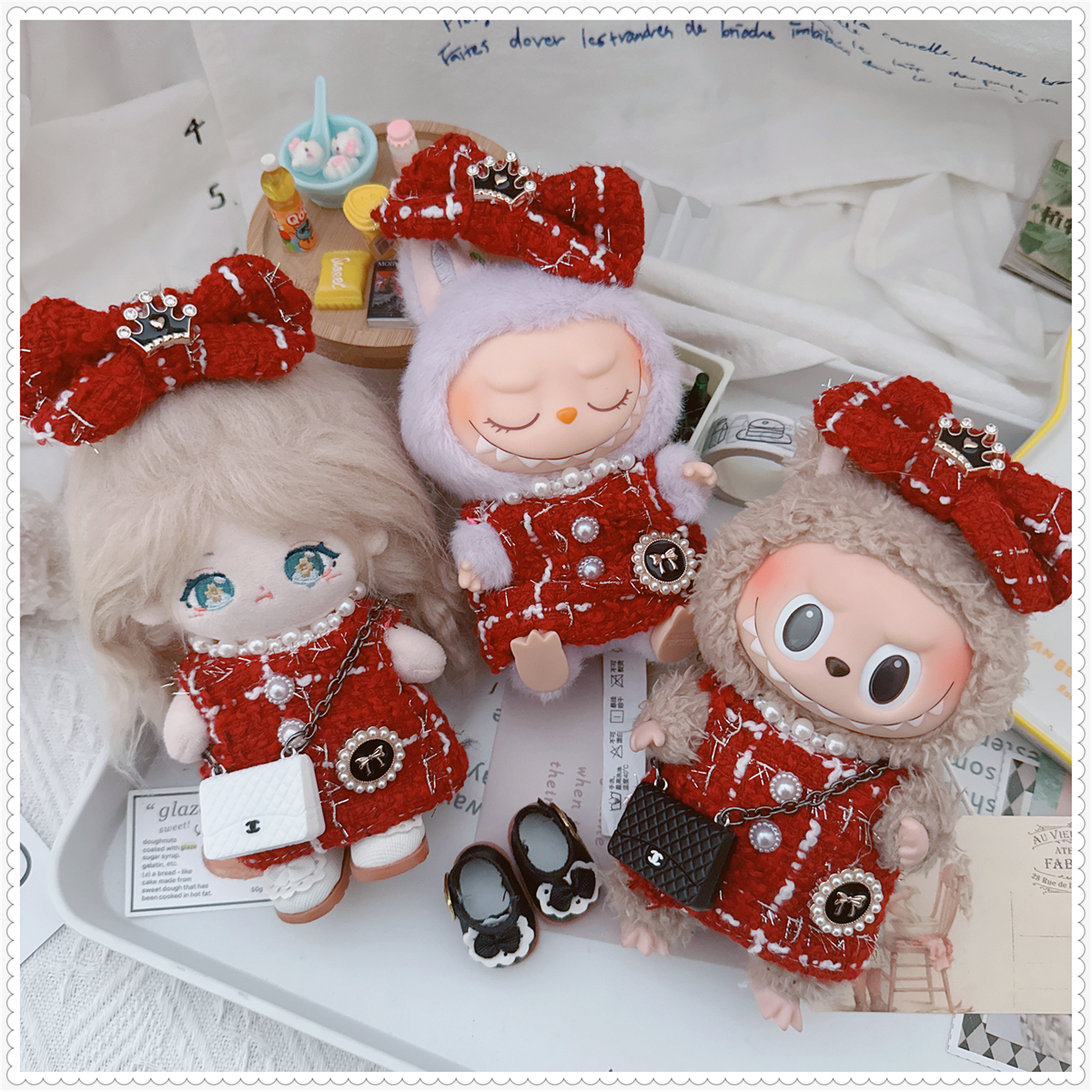 【15cm】ぬいぐるみ服 リボン付きツイードワンピース