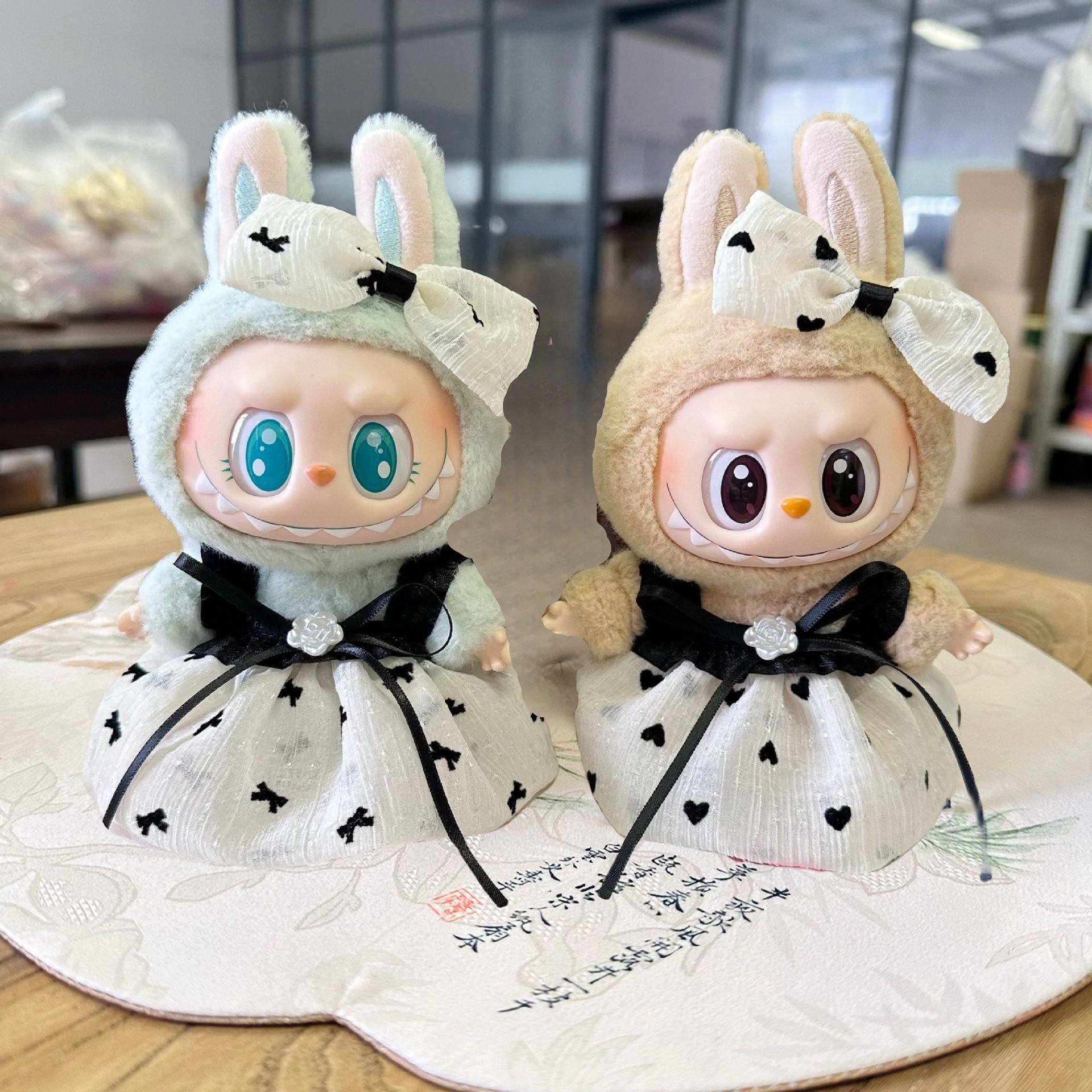 【15cm】ぬいぐるみ服 ハート・リボン柄ドットワンピースセット