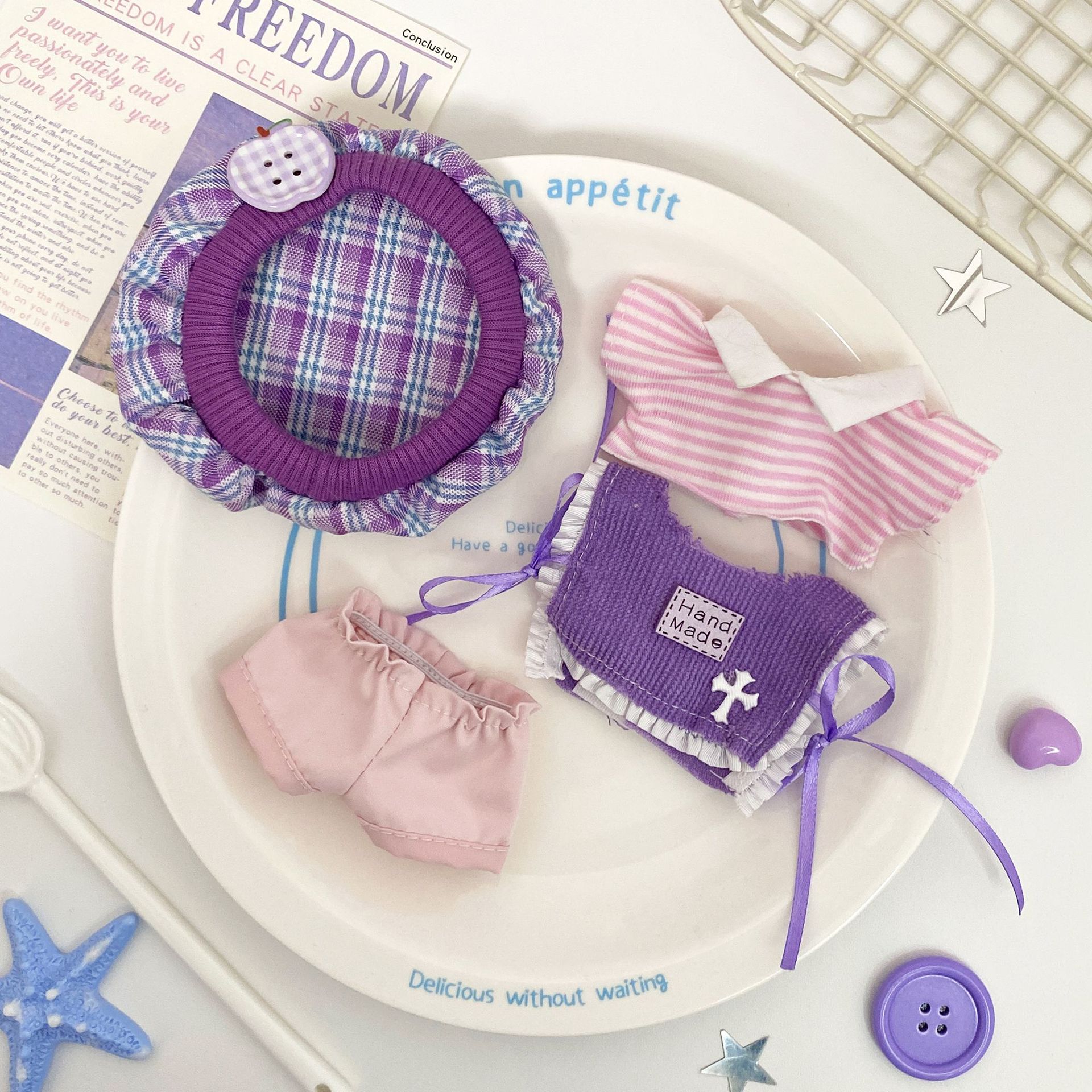 【10cm】ぬいぐるみ服　ベレー帽付きパープルニットコーデ