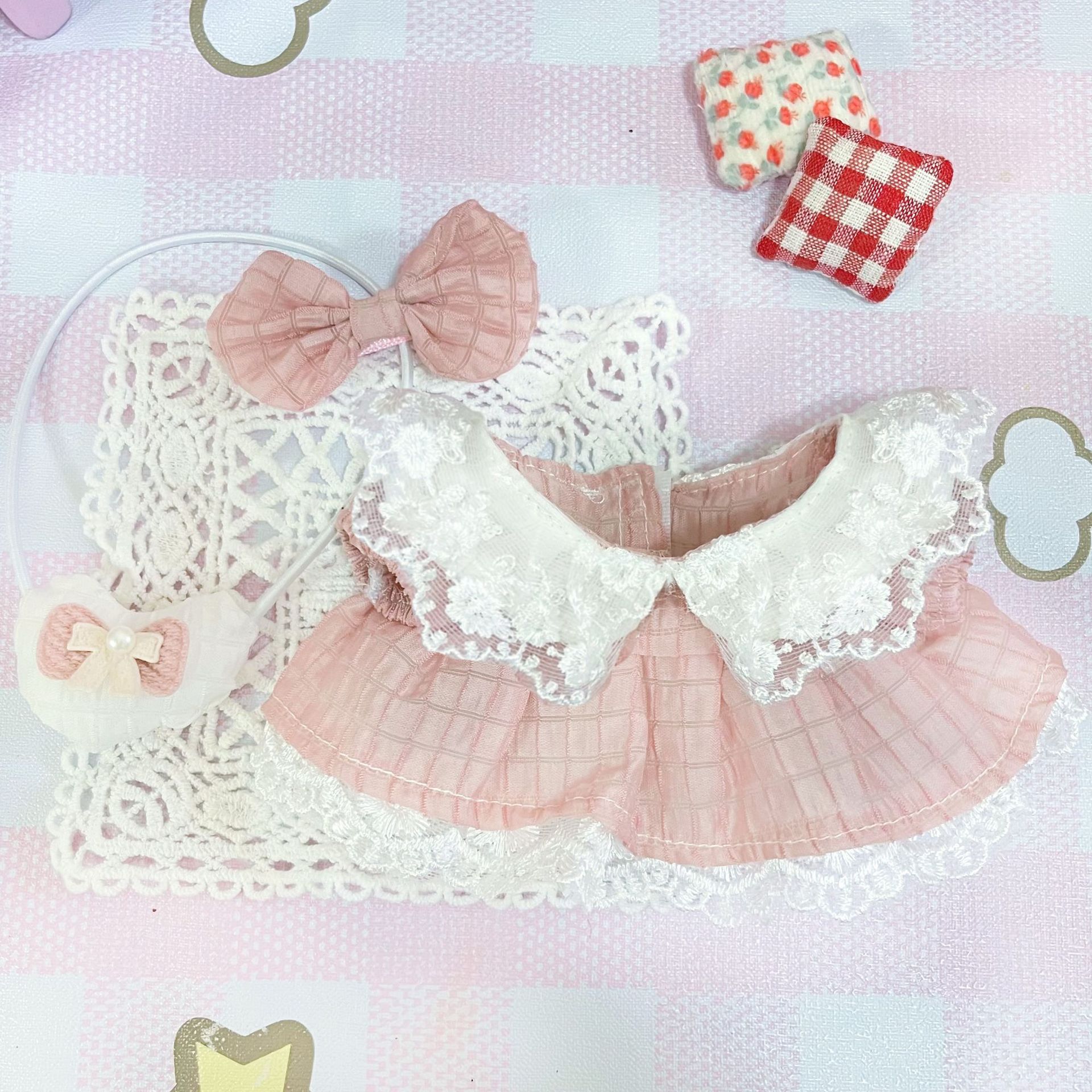 【20cm】ぬいぐるみ服 ピンクチェックフリルワンピース