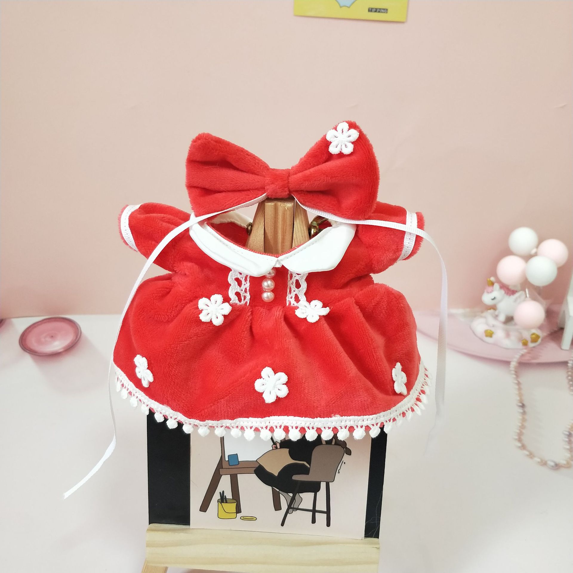 【20cm】ぬいぐるみ服　赤色チェック＆花柄ワンピース