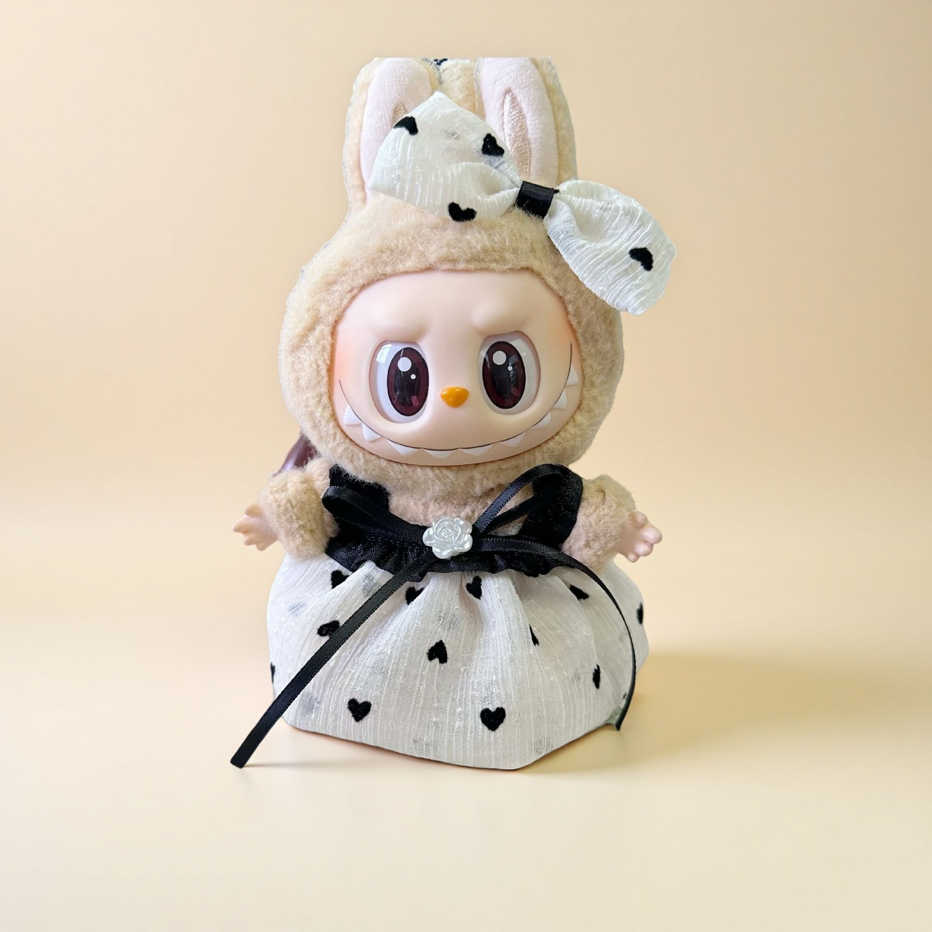 【15cm】ぬいぐるみ服 ハート・リボン柄ドットワンピースセット