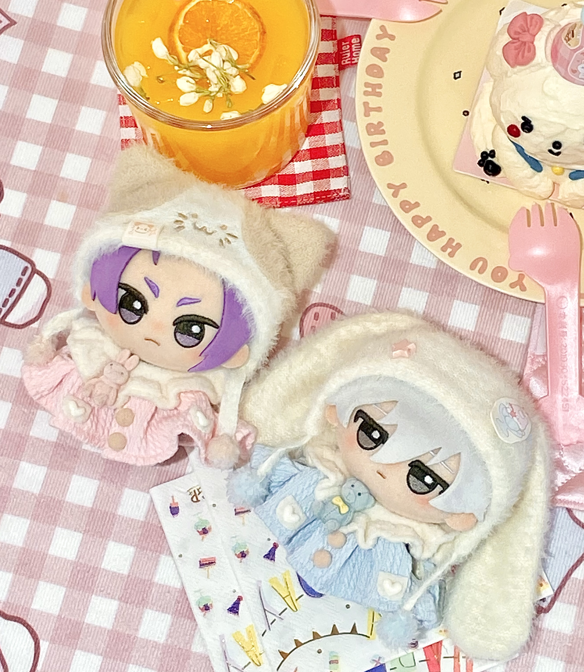 【10cm/15cm/20cm】ぬいぐるみ服 もふもふ動物帽子付ニットワンピース　うさぎ・ねこ