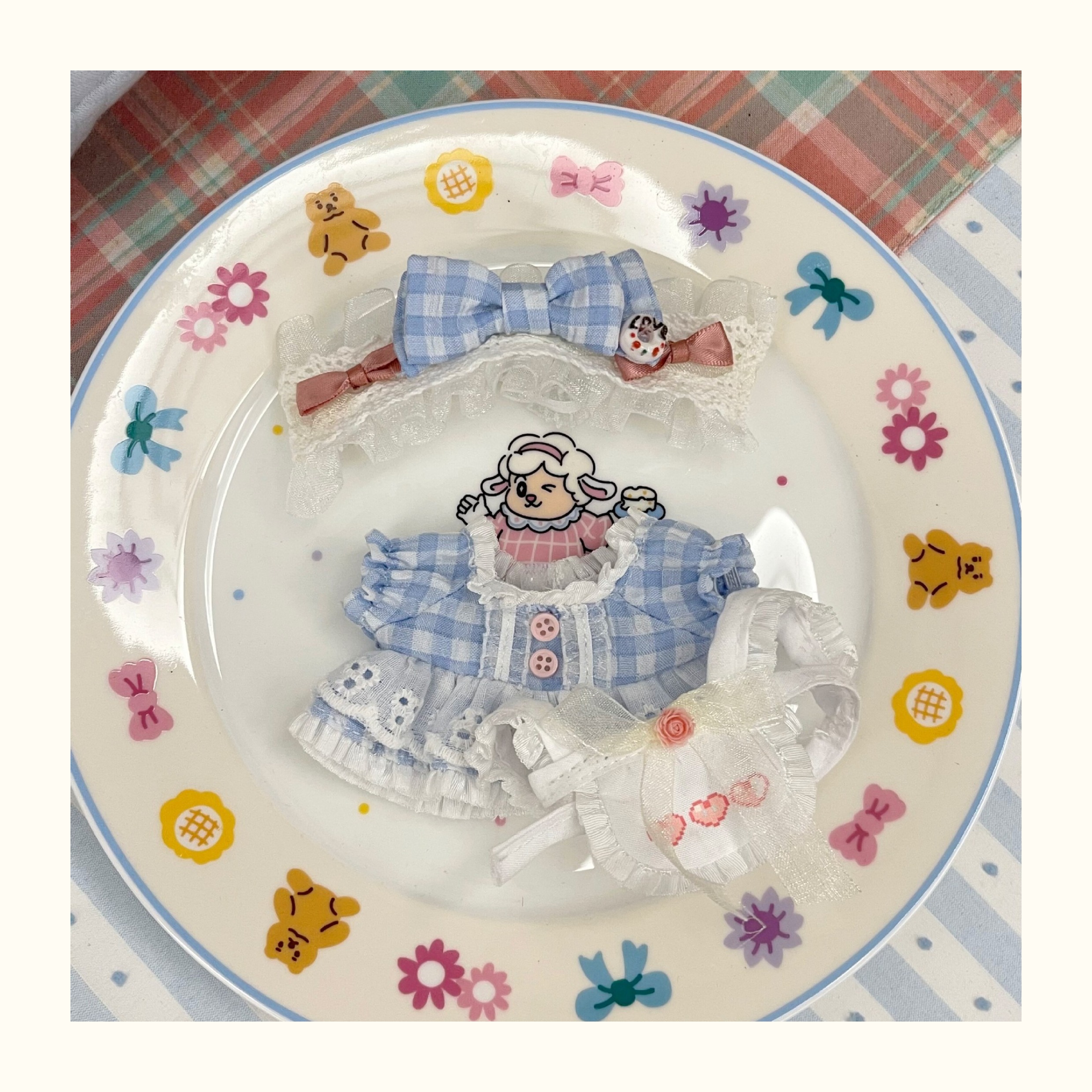 【10cm】ぬいぐるみ服 青色ギンガムメイドワンピース