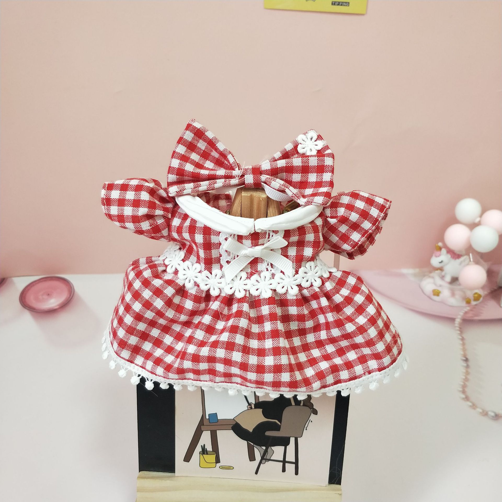 【20cm】ぬいぐるみ服　赤色チェック＆花柄ワンピース