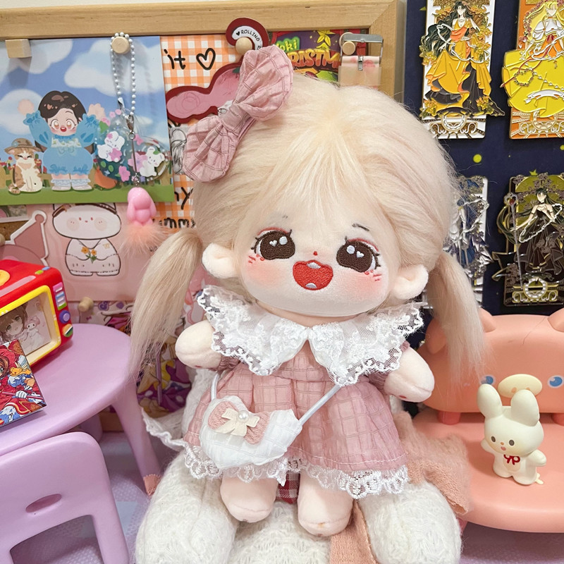 【20cm】ぬいぐるみ服 ピンクチェックフリルワンピース