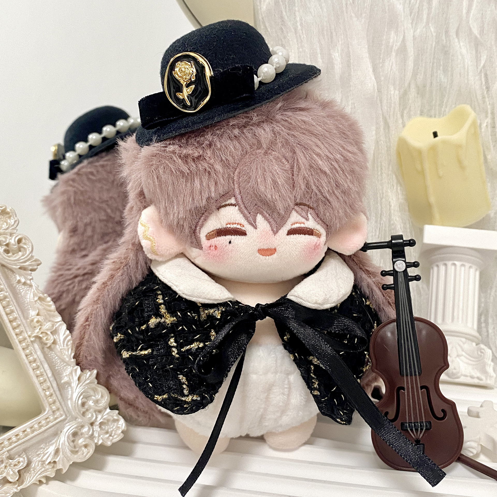 【10cm】ぬいぐるみ服  ブラックツイード生地マント