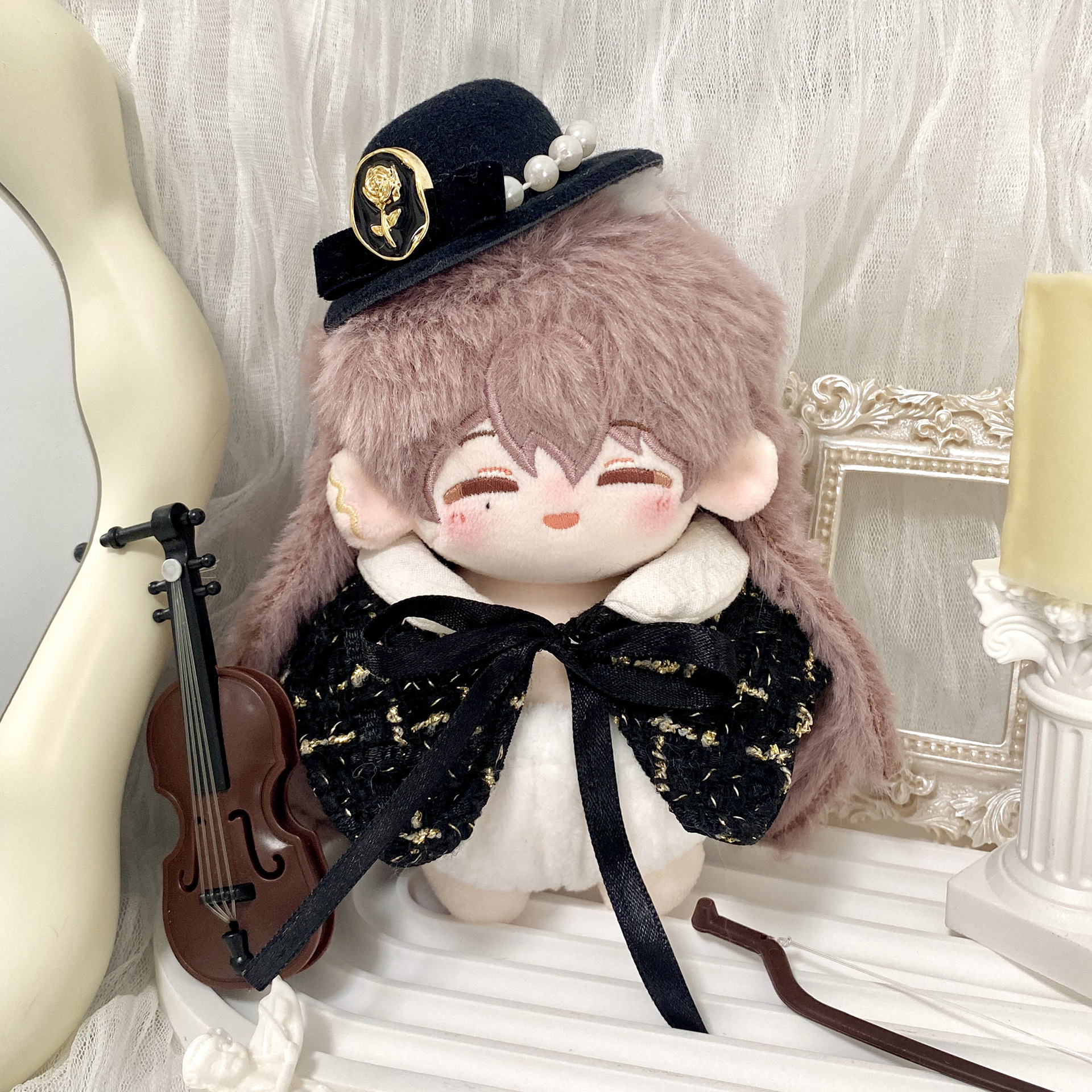 【10cm】ぬいぐるみ服  ブラックツイード生地マント