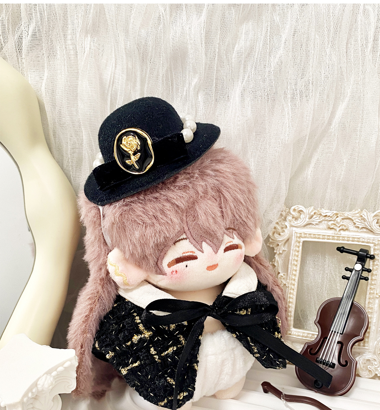 【10cm】ぬいぐるみ服  ブラックツイード生地マント