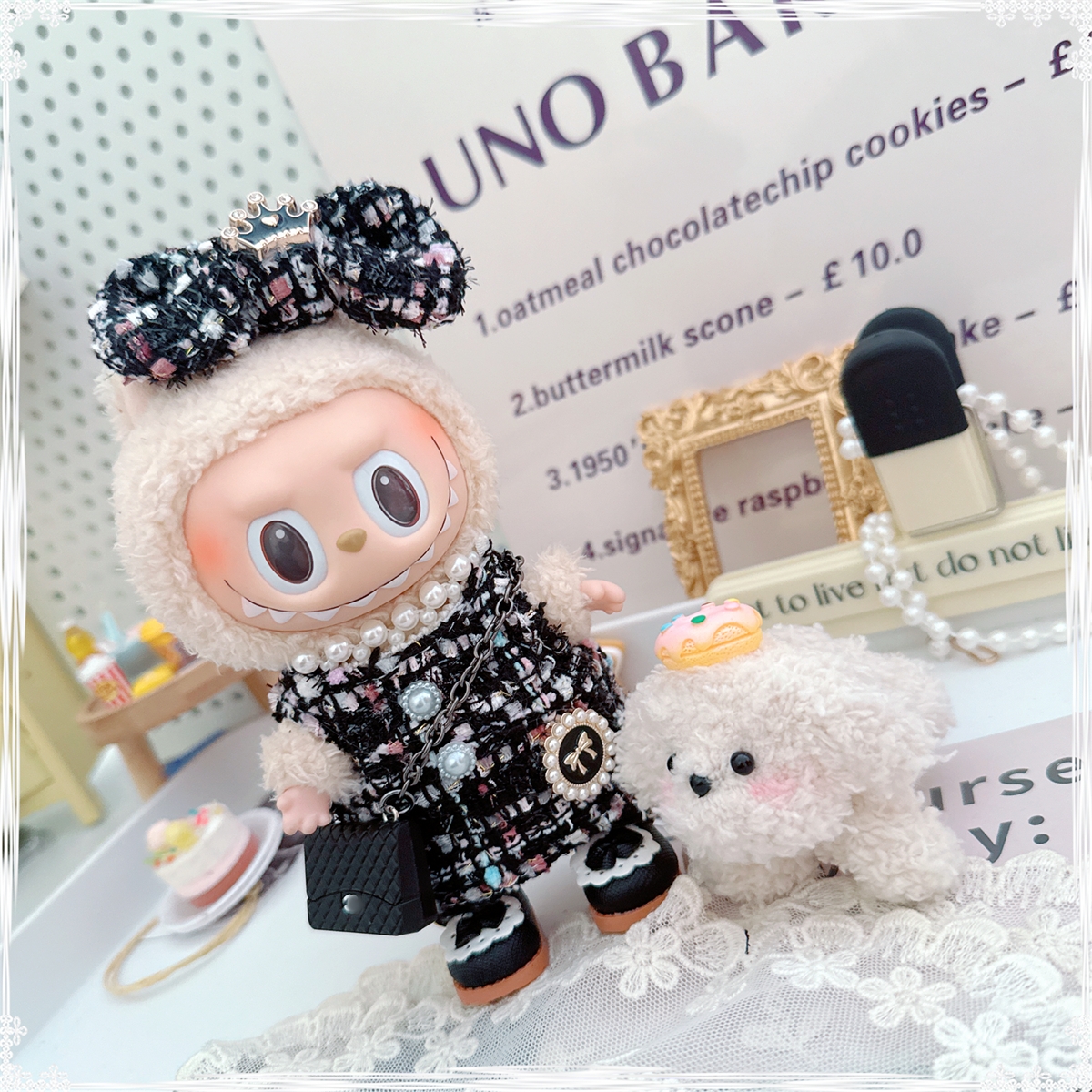 【15cm】ぬいぐるみ服 リボン付きツイードワンピース