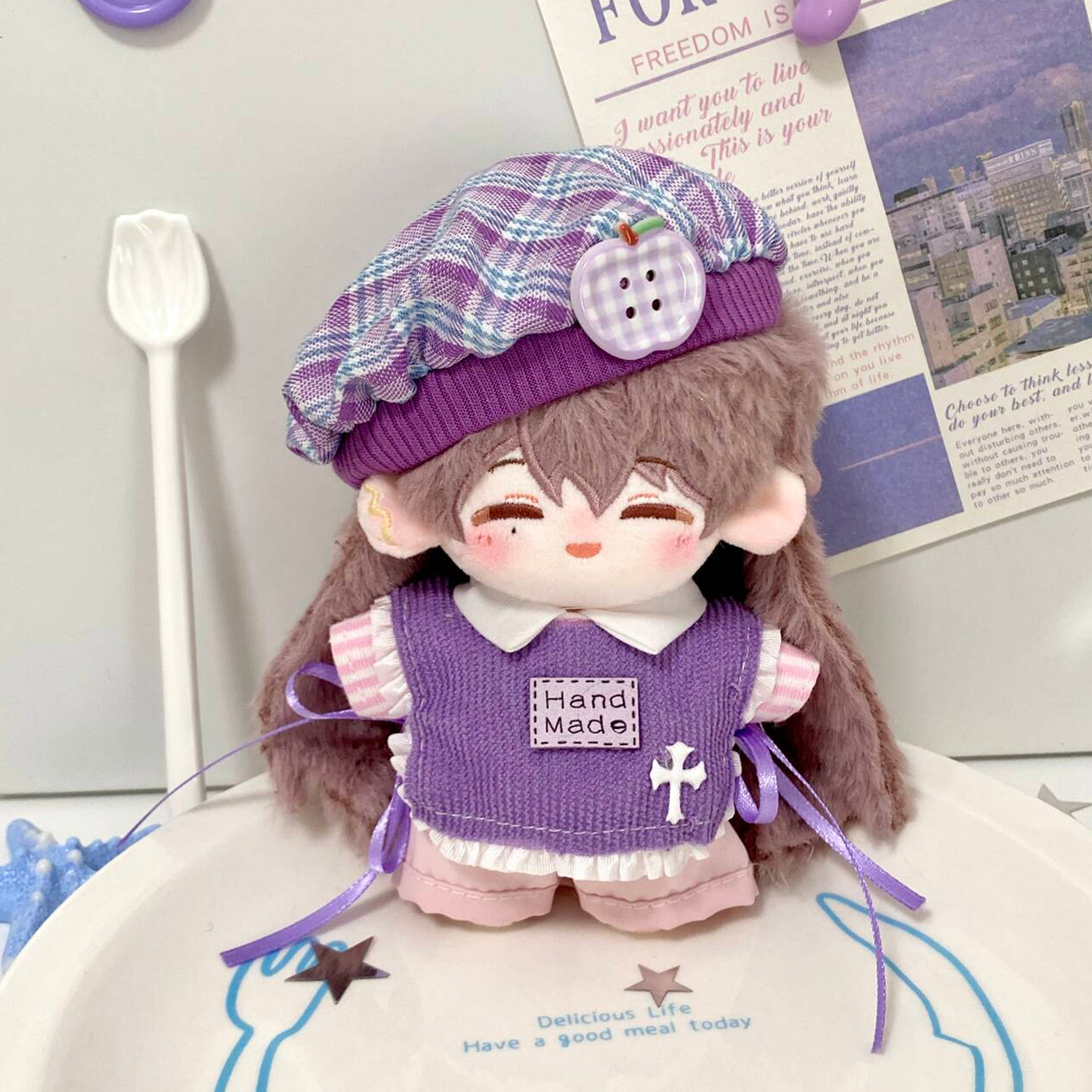 【10cm】ぬいぐるみ服　ベレー帽付きパープルニットコーデ